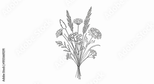 Black and white line drawing of a wildflower bouquet