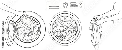 Hands load laundry into a front-load washer; interior view; hands wring out a wet garment