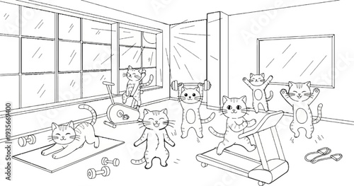 Cartoon cats cheerfully exercising in a sunlit room with gym equipment