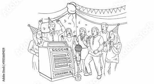 Group of people enjoying karaoke party with decorations and confetti