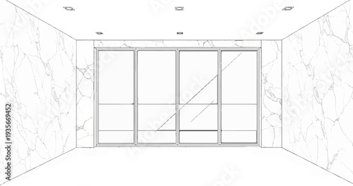 Modern interior with marble walls and floor-to-ceiling glass sliding doors