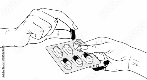 Hands holding blister pack with capsules and removing one