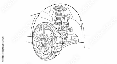 Detailed illustration of a car's front suspension system with tire