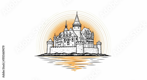 Ornate castle illustration with concentric circles and water reflection