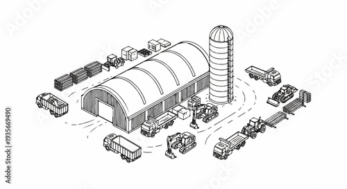 Industrial site with arched warehouse, silo, and various construction vehicles