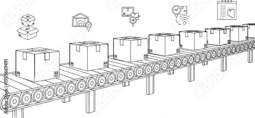 Boxes moving on a conveyor belt with various tracking and management icons above
