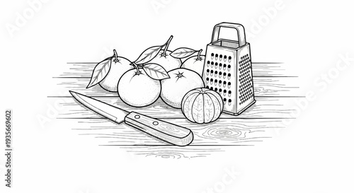 Fresh citrus fruits, knife, and grater on a wooden surface