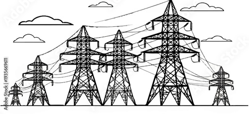 Multiple high voltage electricity pylons stand in a line under a cloudy sky