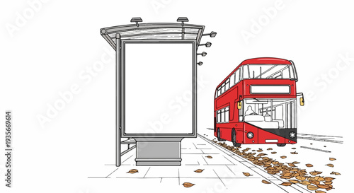 Red double-decker bus at a bus stop with fallen leaves
