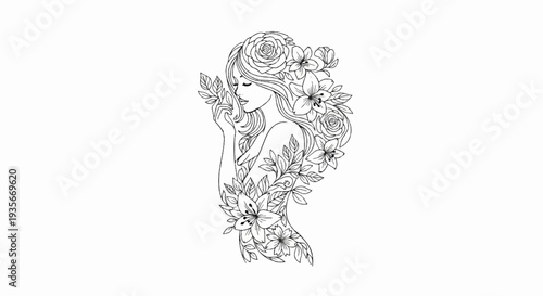 Outline drawing of a woman adorned with blooming flowers and leaves