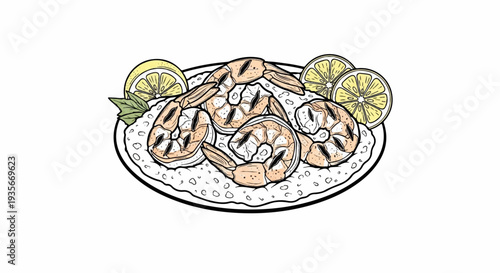 Grilled shrimp with lemon slices and fresh herbs served on a plate