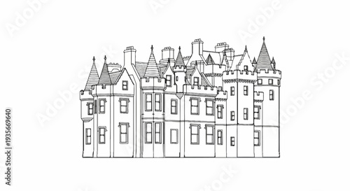 Ornate, multi-towered, classical building facade in monochrome sketch