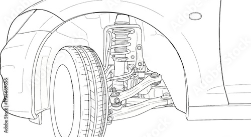 Detailed line drawing of a car's front wheel suspension system