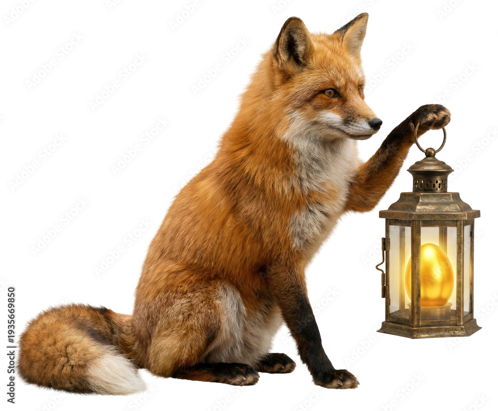 Obraz premium sitting red fox (vulpes vulpes) holding a vintage lantern glowing with a golden egg inside