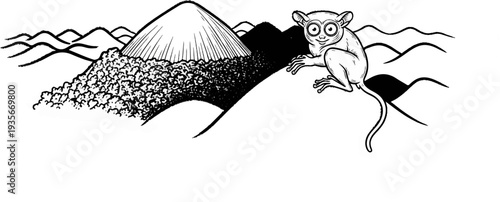 Small primate with large eyes sits on a hill against a mountain backdrop
