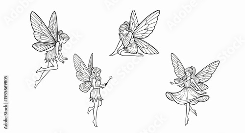 Four detailed line art illustrations of winged mythical beings in various poses
