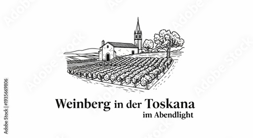 Sketch of a vineyard with a building and church spire at sunset