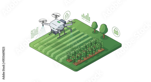Isometric illustration of a drone flying over a green farm with rows of crops and a network of technology icons surrounding it