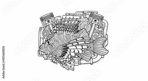 Steampunk lionfish fused with engine parts in a monochrome line drawing