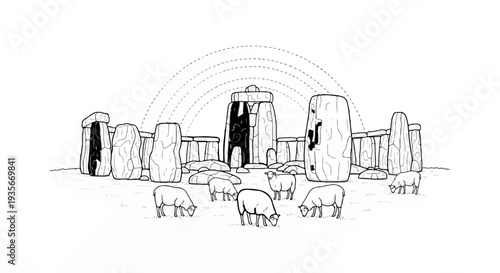 Stone structure with sheep grazing below a series of dotted arcs