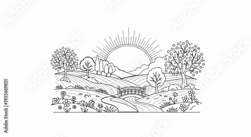 Stylized rural landscape with sun, rolling hills, trees, bridge, and flowers