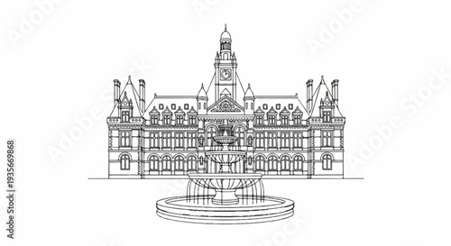Ornate classical building with a multi-tiered fountain in front