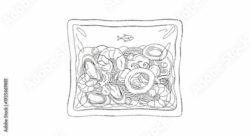 Hand-drawn illustration of seafood pasta in a clear packaging