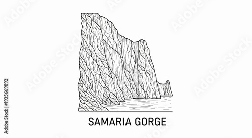 Stylized black and white illustration of a rocky gorge with water below