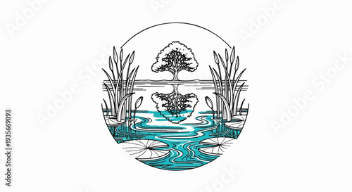 Stylized drawing of a tranquil pond with a tree reflected in water