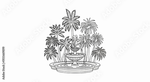 Ornate fountain surrounded by lush palm trees in a garden