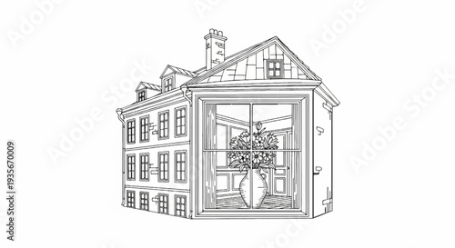 Sketch of a multi-story building with a vase of flowers in the window