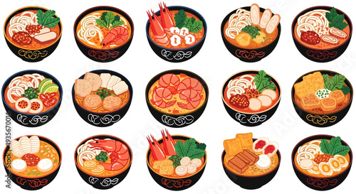 Set of Spicy Laksa and Prawn Noodle Soup Bowls Illustration, Singaporean Cuisine Vector