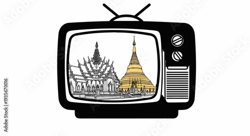 Vintage television displays detailed line art of pagodas, one gilded