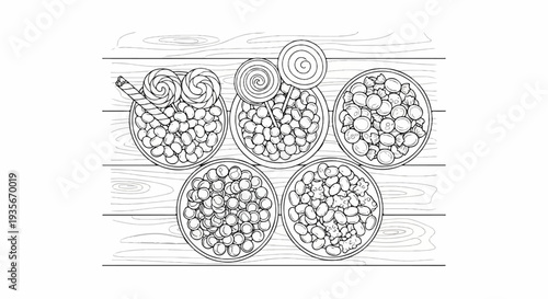 Overhead view of five bowls filled with various candies and lollipops