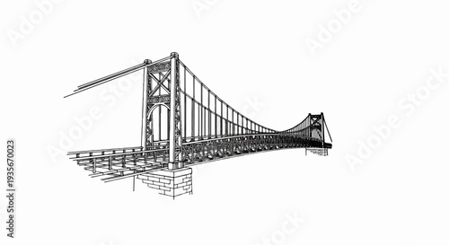 Wireframe sketch of a suspension bridge with stone piers