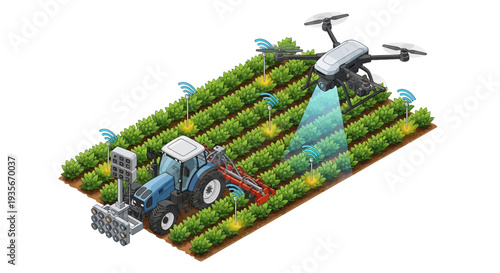 Isometric illustration of a blue tractor and drone working together on a green farm with smart farming technology and a network of sensors