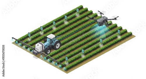 Isometric illustration of a tractor and drone farming with smart agricultural technology on a green farm with rows of plants