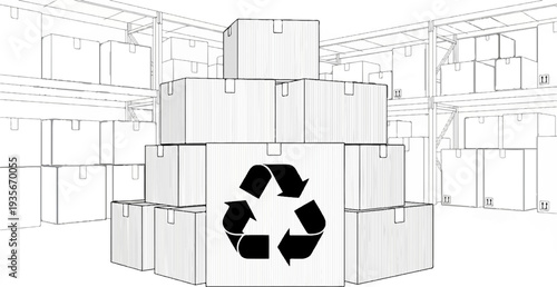 Stacked cardboard boxes with recycling symbol in a warehouse