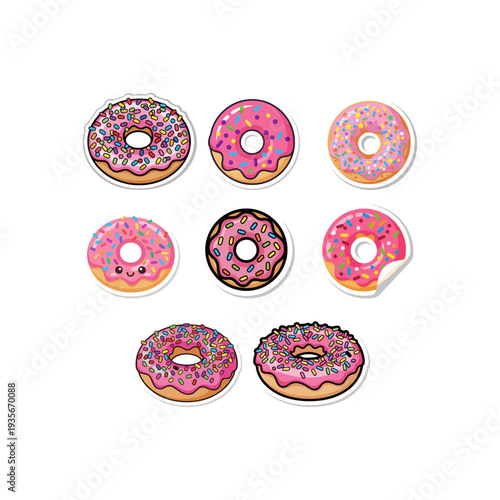 Cute Pink Donut Sticker Set, Kawaii Doughnut Illustrations with Sprinkles and Happy Faces, Sweet Bakery Dessert Vectors Isolated on White Background