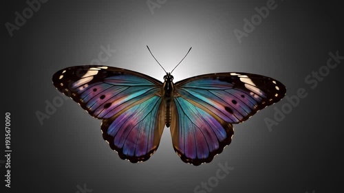 A butterfly spreads its wings, vibrant hues of blue, teal, and purple on a gray backdrop