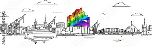 Sketchy harbor panorama with a colorful, uniquely shaped building