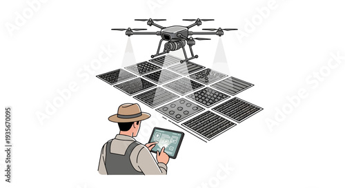 An agricultural worker uses a tablet to monitor a drone flying over a smart farm with solar panels in a modern, urban setting