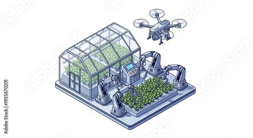 Isometric illustration of a modern smart farm with a drone flying over a greenhouse and robotic farming equipment managing plants on a green urban farm with technology and business elements