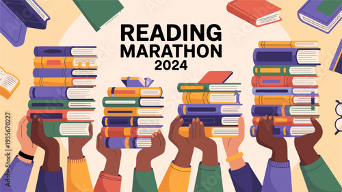 Diverse hands holding stacks of books in a reading marathon event with a festive atmosphere and colorful background