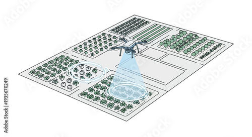 Isometric illustration of a drone flying over a smart farm with various plots of land and crops, showcasing modern agricultural technology and business concepts in an urban setting