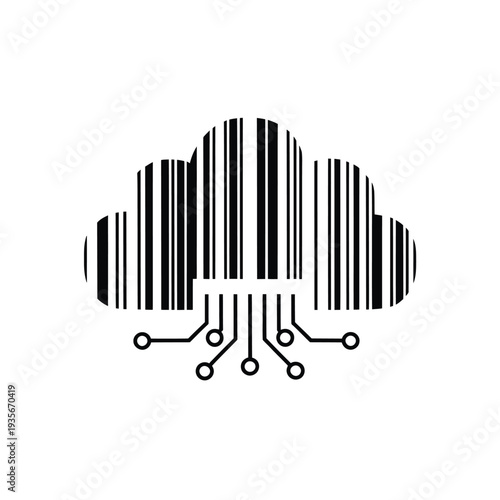 A cloud shape formed with barcode lines and electronic circuitry