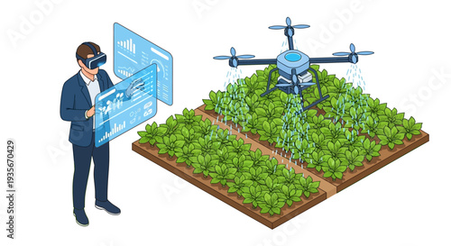Isometric illustration of a businessman using smart farming technology with a drone on a green farm