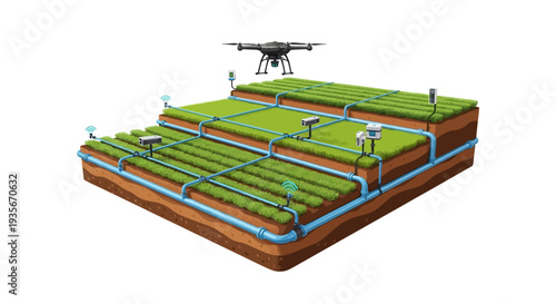 Isometric illustration of a drone flying over a modern smart farm with green plants, blue pipes, and a network system, showcasing agrotech and smart farming technology