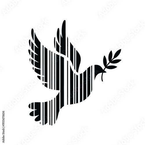 A stylized black and white depiction of a dove with an olive branch