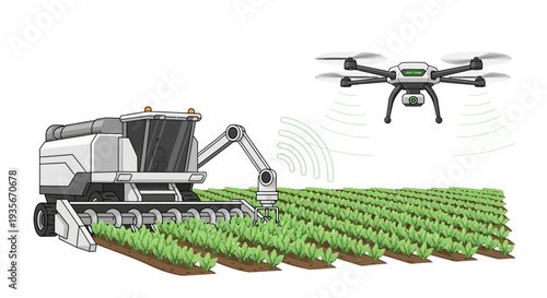 Modern agricultural illustration of a combine harvester and drone in a green farm field with smart farming technology and a 3D isometric design